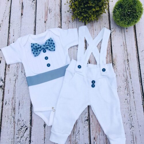 Bebe Couture 2-piece white christening outfit with blue accents and polka dot bow tie
