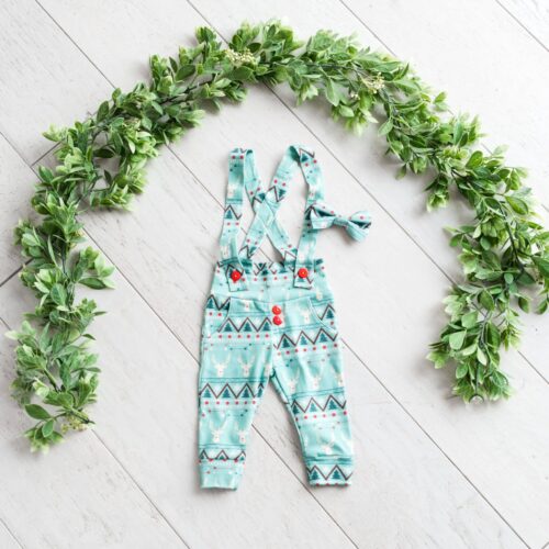 Bebe Couture baby suspender pants in Christmas reindeer print