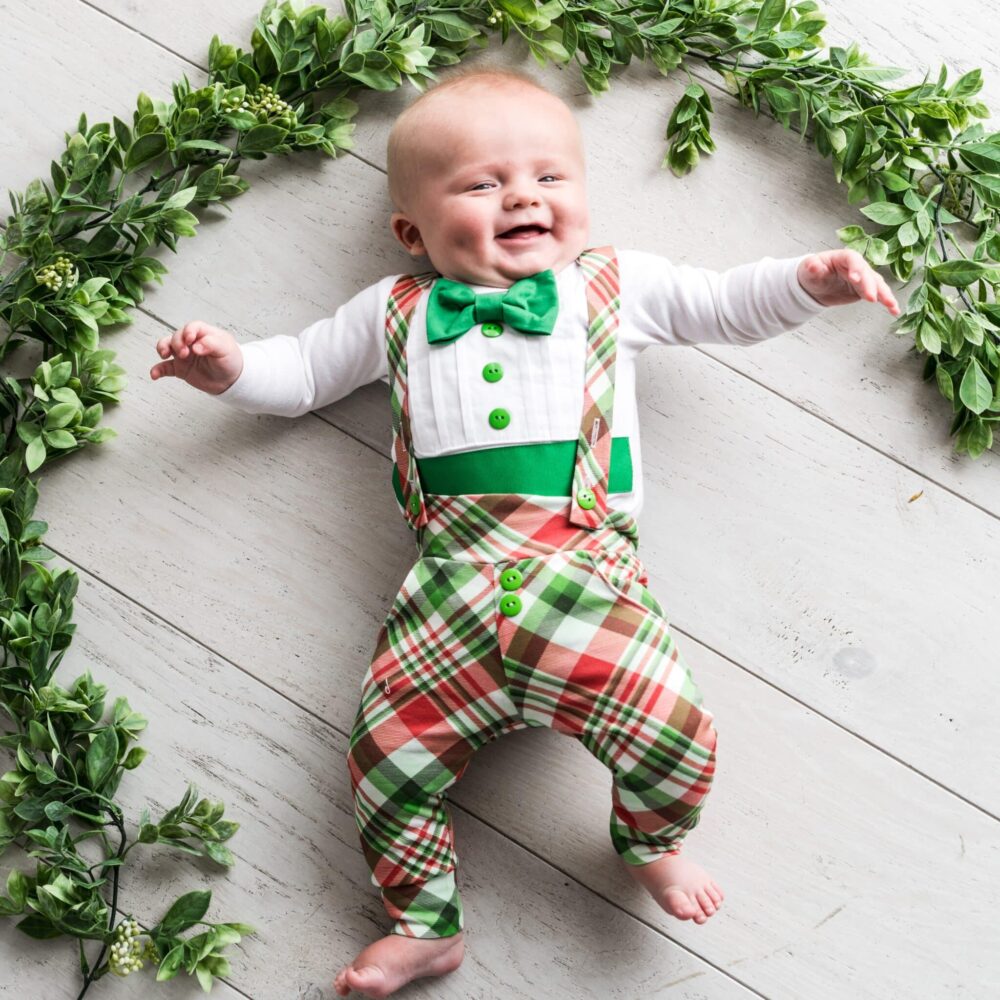 Baby Boy wearing a Bebe Couture Plaid Christmas Outfit with Bow Tie