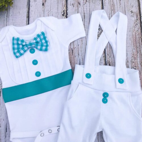 2 pc white and teal Bebe Couture baby baptism outfi