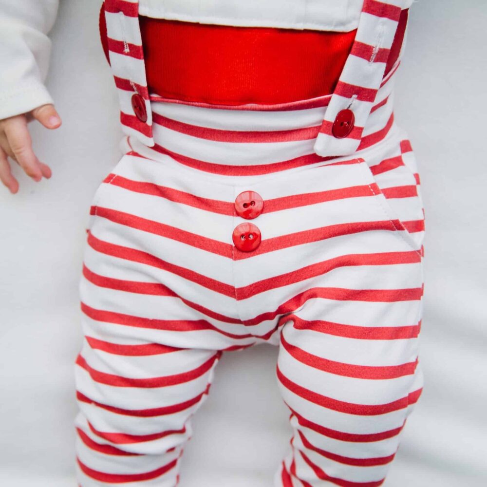 Red and white striped baby bow tie outfit pants detail