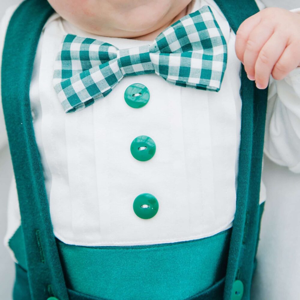 Bebe Couture green baby boy Christmas outfit tuxedo detail