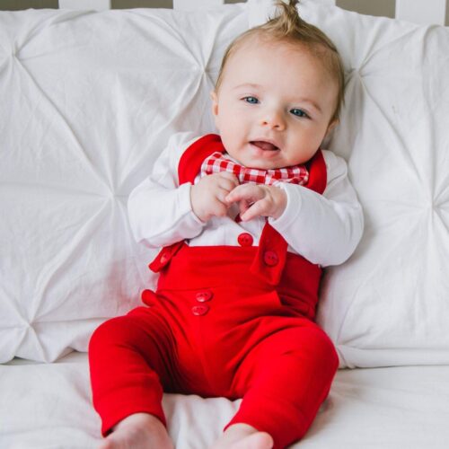 baby boy first Christmas outfit with red leggings and suspenders