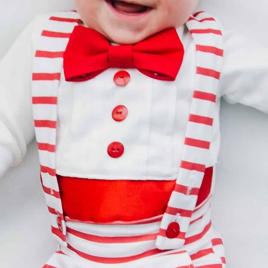 red and white baby bow tie outfit for holidays_top detail