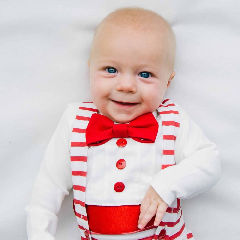red and white striped baby boy tuxedo for holiday