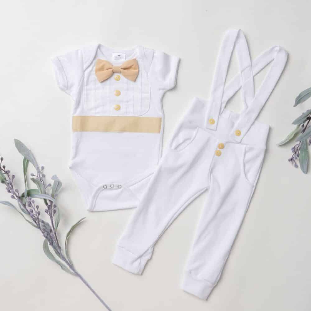 White and Tan Baby Boy Baptism Outfit