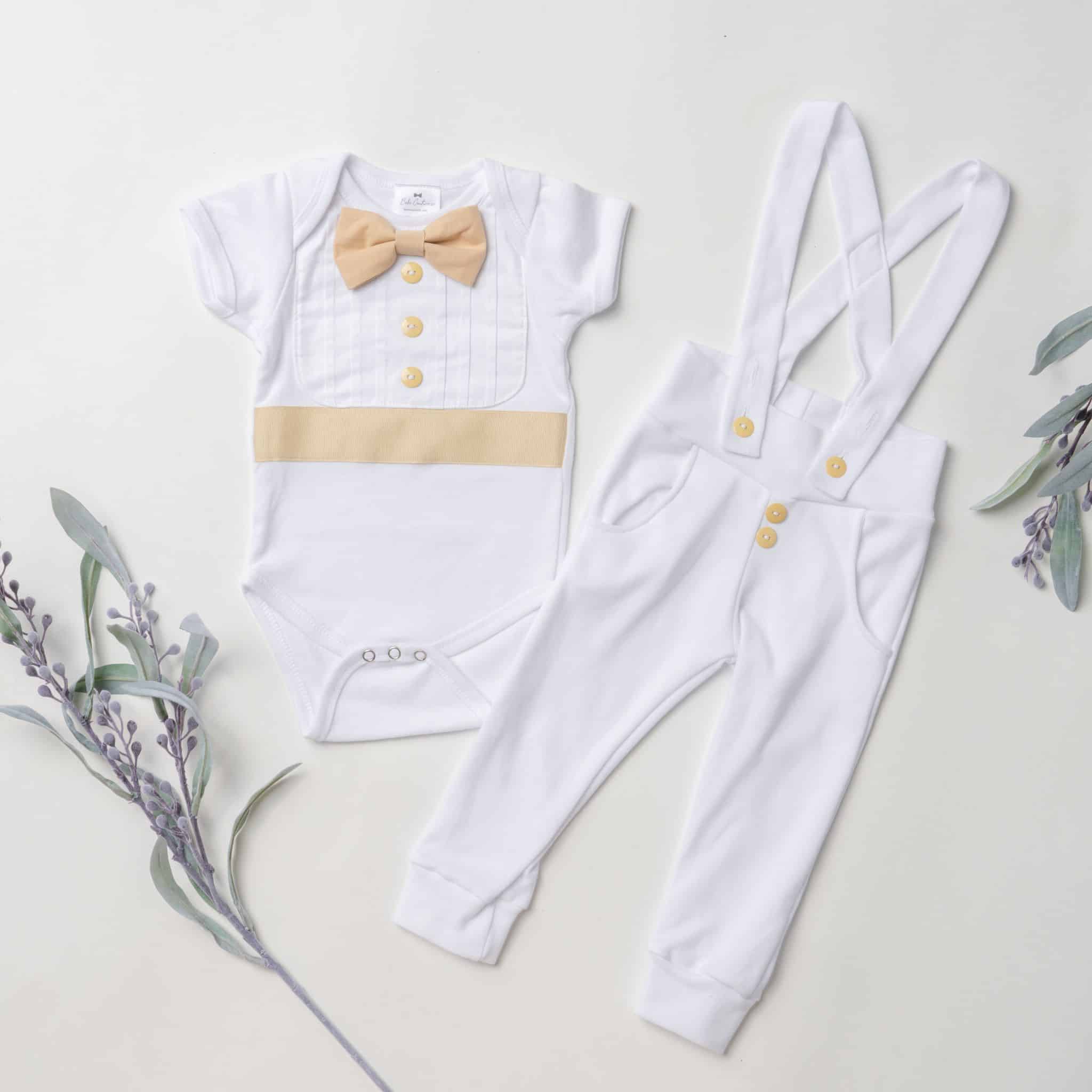 White Christening Outfit w/ Tan Accents | Bebe Couture
