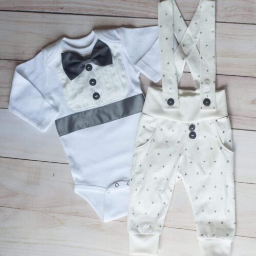 Bebe Couture 2 piece white and grey christening outfit with 'X' Pattern Leggings
