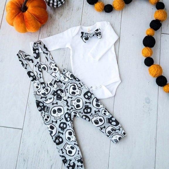 baby halloween outfit with skeleton print