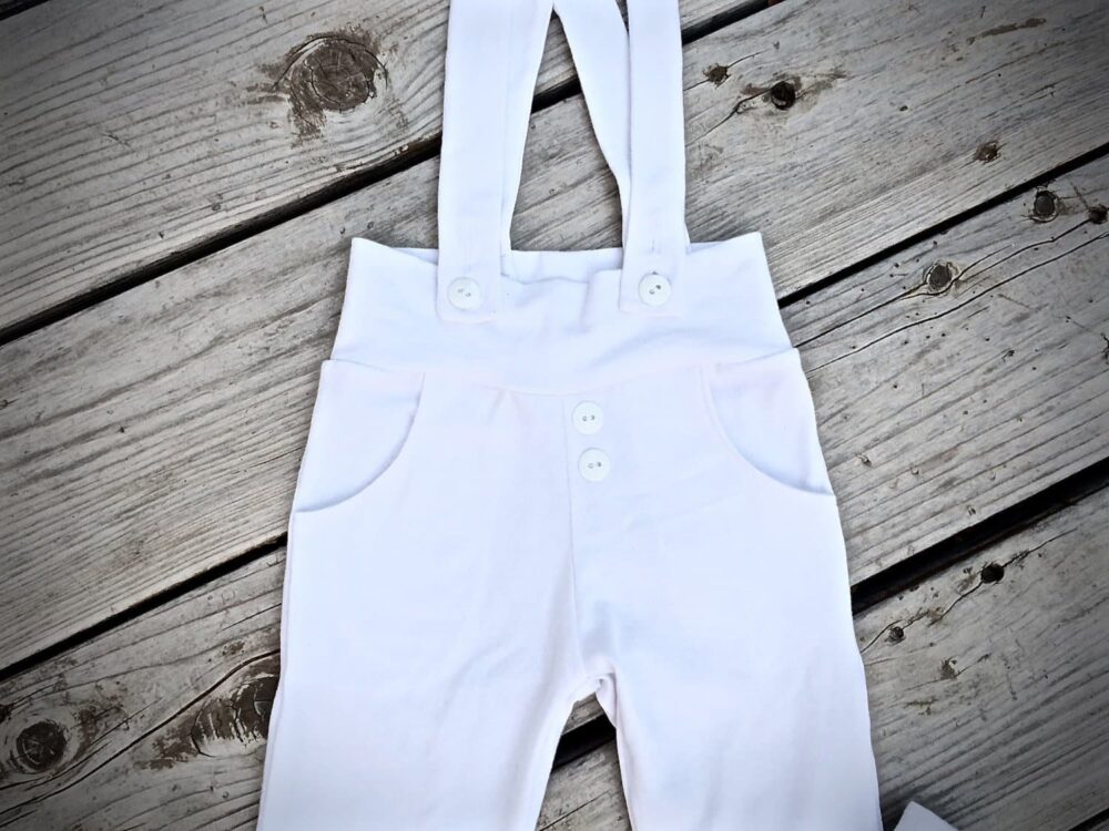white blessed baby pants w/ suspenders