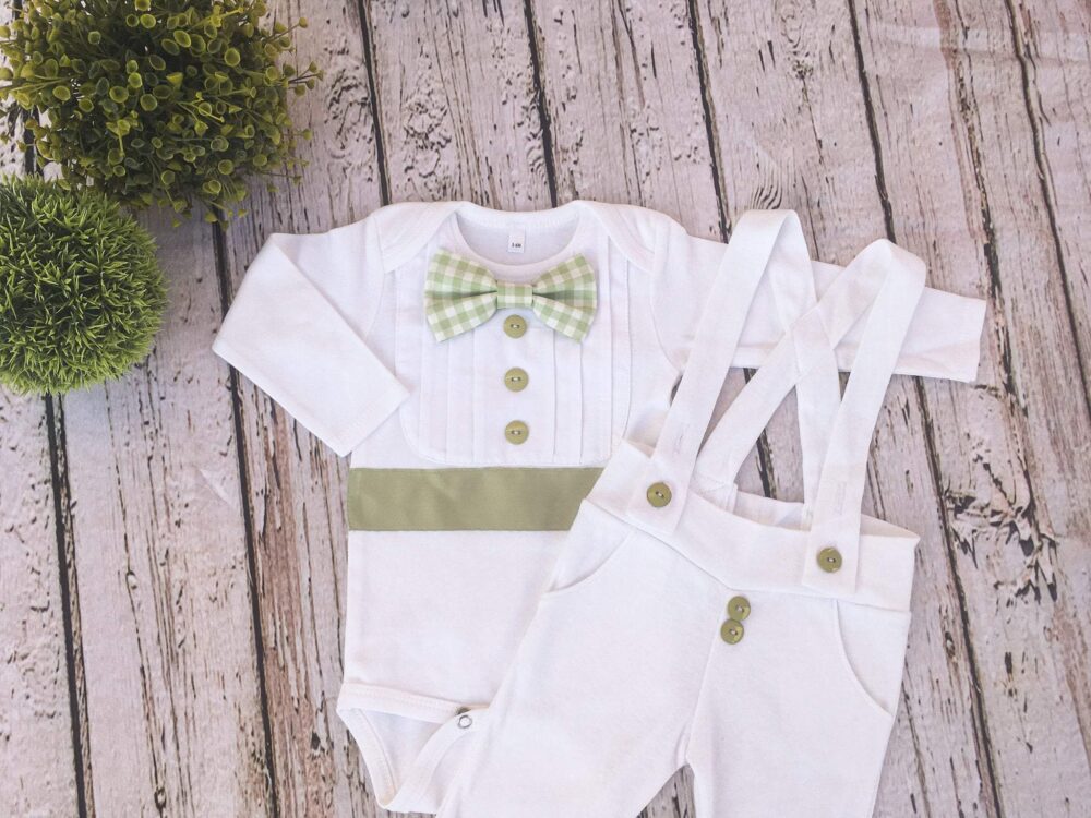 White 2 piece Bebe Couture baptism outfit with sage green accents and gingham bow tie