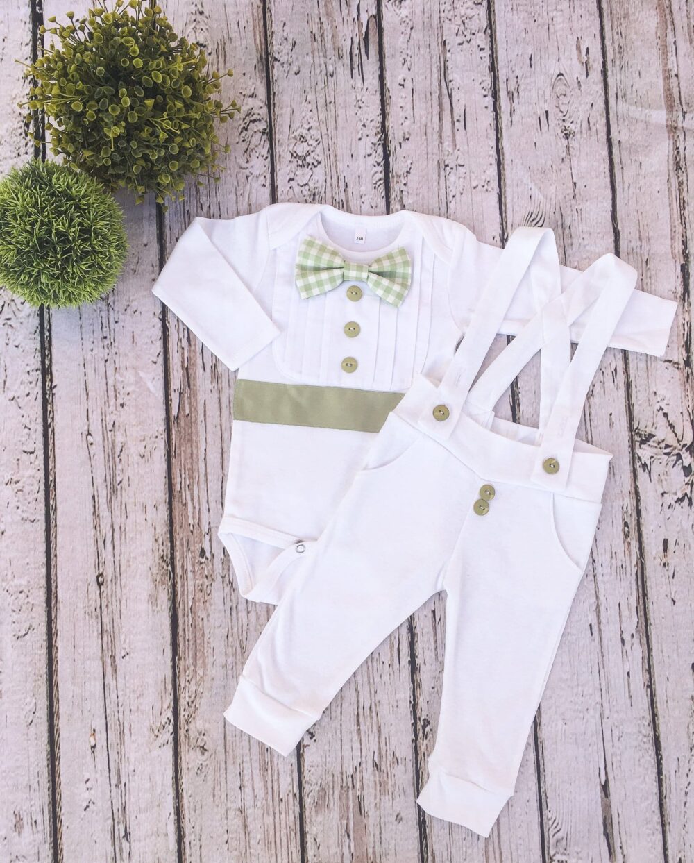 Bebe Couture 2 piece white and sage green christening outfit, with gingham bow tie
