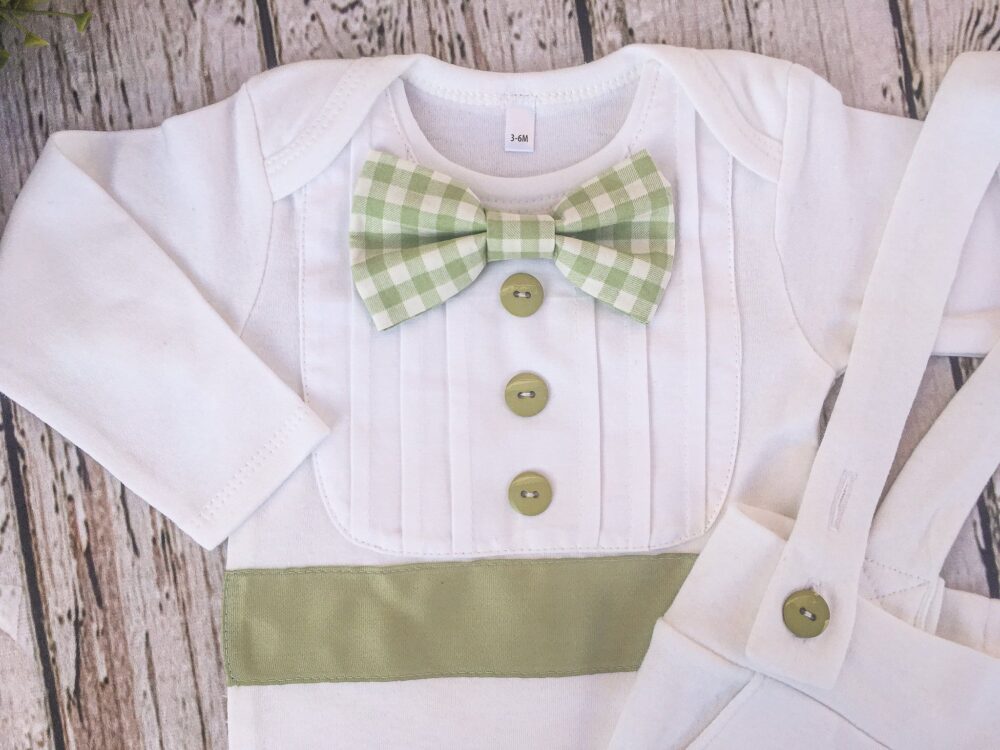 white tuxedo onesie with sage green accents, 1 of 2 pieces
