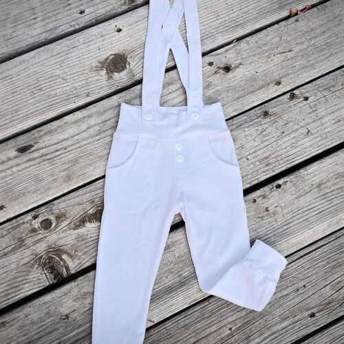 white baby christening pants with suspenders