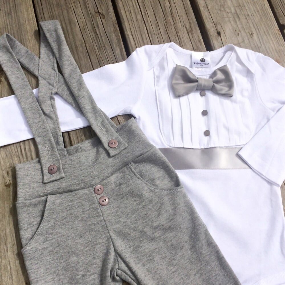 2 piece Bebe Couture grey baby tuxedo with long sleeves, detailed view
