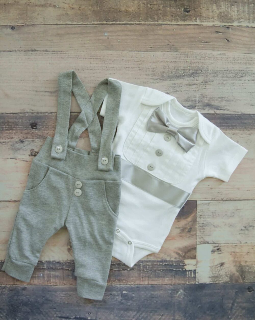 2 piece Bebe Couture grey baby tuxedo with short sleeves