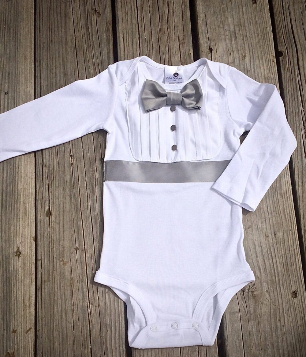 Bebe Couture white baby tuxedo onesie top with long sleeves and grey bow tie, onesie detail