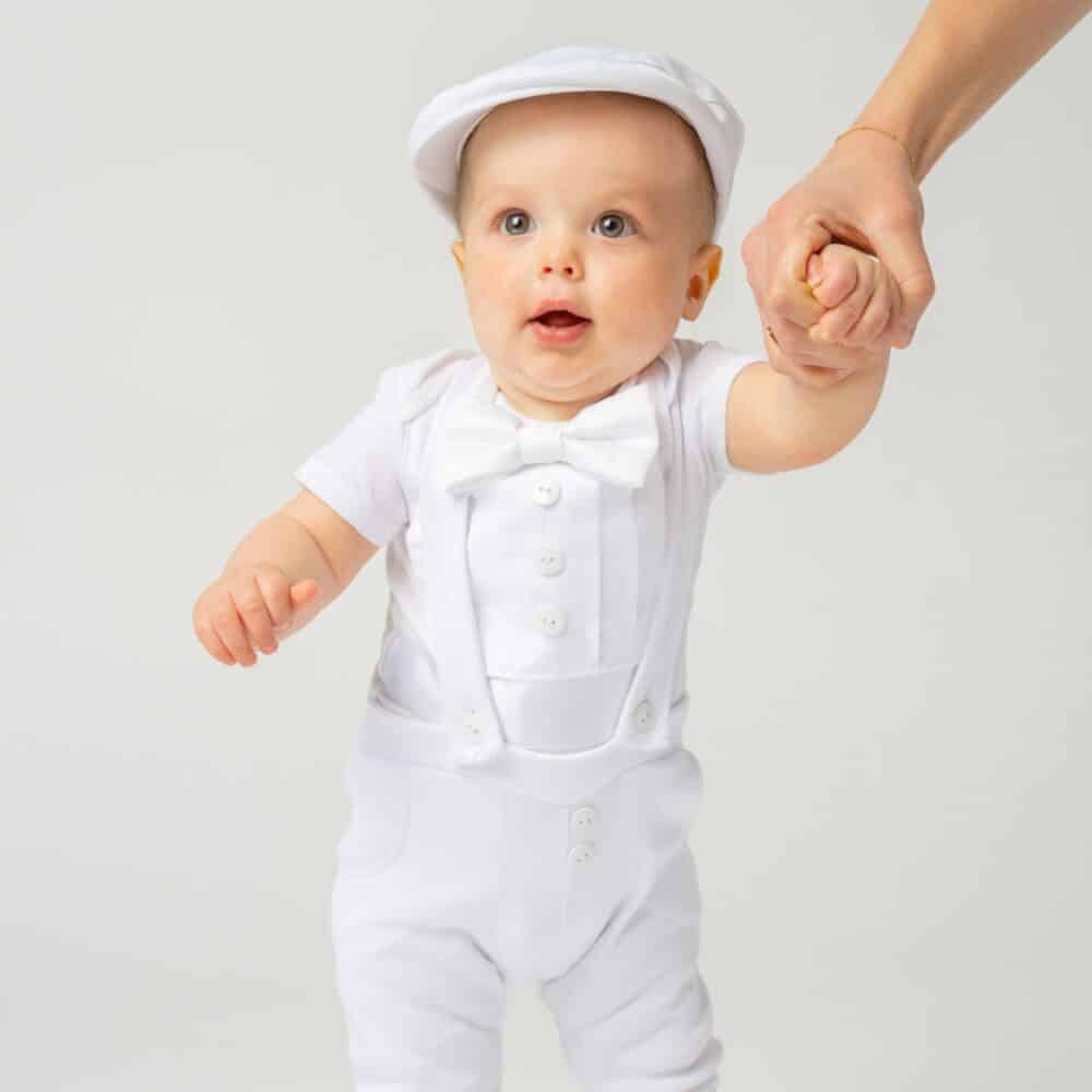 White Baby Boy Christening Outfit with Short Sleeves