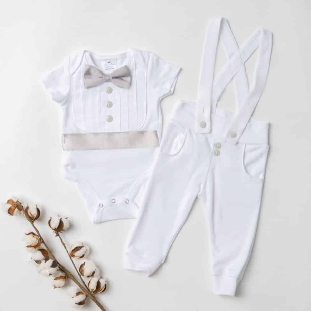 two piece white baby boy christening and baptism outfit, with grey bow tie and details