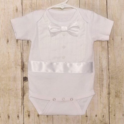 Bebe Couture baby boy white christening onesie