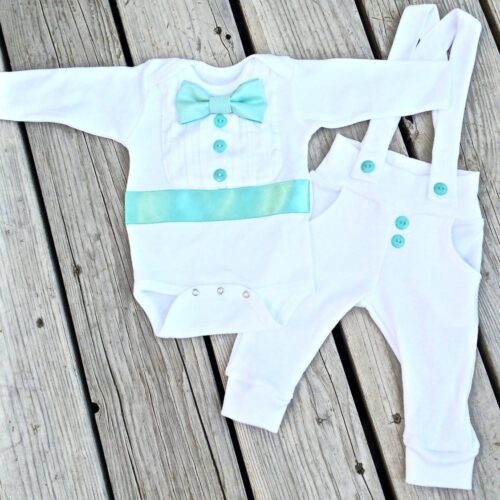 2 piece Bebe Couture white and teal christening outfit