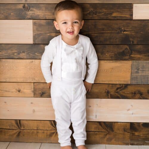 white baby blessing outfit with long sleeves