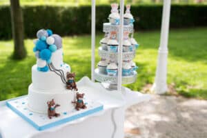Cake in blue and white and cupcakes for children's birthday or c